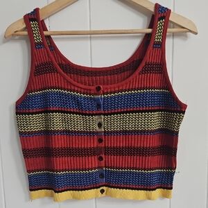 Striped Knit Tank Top Button Front Multicolor Crop Tank Size M/L